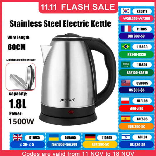 1.8L 220V Stainless Steel Electric Kettle Silver Black Base Separation Desion Rust-resistant Durable for Home During Travel